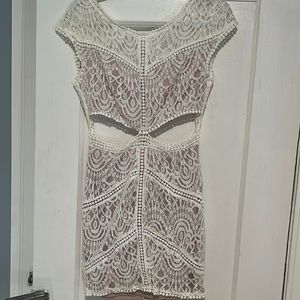 White lace cut out open back mini dress with nude lining